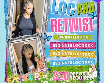 Spring Loc & Retwist Flyer | Editable Canva Template for Beginner Loc Services | Instant Download | Easter Theme | Customizable Pricing