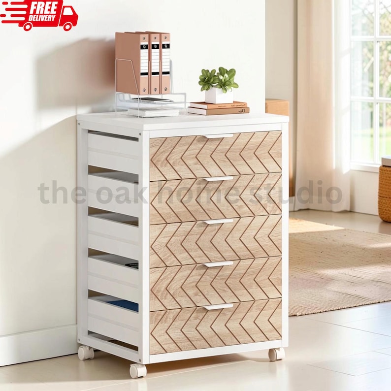 File File Box Drawer 5 Drawer File Cabinet, Rolling Office Storage Chest, Mobile Wood Filing ...