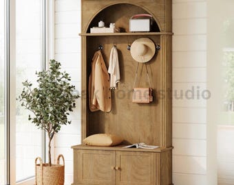 Rustic Brown Hall Tree with Shoe Storage Bench, Entryway Coat Rack Hooks
