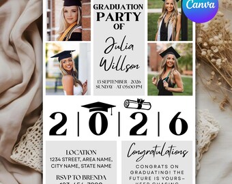 Editable Graduation Party Invitation Template, Class of 2026 Photo Collage Invite, Senior Announcement Design, Canva Download