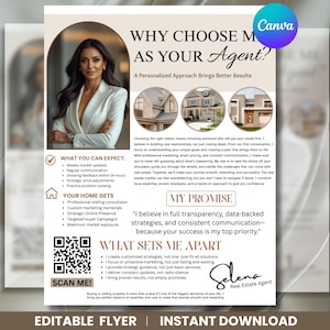 Editable Real Estate Agent Flyer highlighting personalized approach, marketing strategies, and client promise. Customizable Canva template for real estate professionals. Instant download.