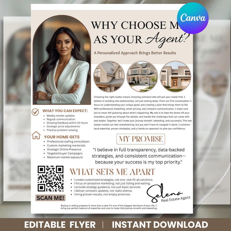 Editable Real Estate Agent Flyer highlighting personalized approach, marketing strategies, and client promise. Customizable Canva template for real estate professionals. Instant download.