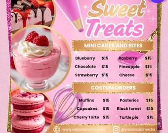 Sweet Treats Bakery Flyer Template, Editable Canva Design, Mini Cakes Dessert Menu Poster, Pink Food Promotion, Instant Digital Download