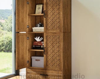 70" Bookshelf with Door, Farmhouse Bookcase Cabinet, Storage Drawer, Rustic Wood Display Shelf