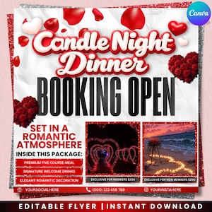 以下が含まれることがあります： 「Candle Night Dinner BOOKING OPEN」のテキストが入ったロマンチックなチラシ。赤いハート、バラのアクセント、キャンドルの道とビーチのシーンの画像が特徴です。チラシは、5コースの食事とエレガントなロマンチックな装飾を宣伝しています。