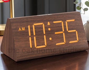 Wooden Digital Alarm Clock LED Bedside Clock USB Charger Loud Snooze Dimmer Large Display