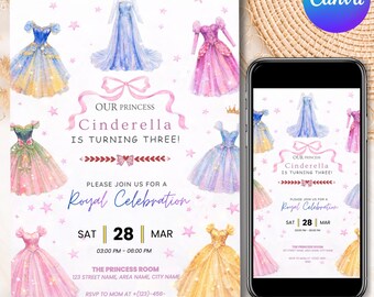 Invito per festa di compleanno a tema principessa, "C'era una volta una festa reale ad acquerello", modificabile su Canva, download immediato.
