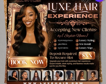 Luxus-Haar-Erlebnis-Flyer, Mai-Buchungsflieger, benutzerdefinierte Installation & Luxus-Styling-Flyer, Schönheitstermin-Flyer, Canva-bearbeitbare Vorlage
