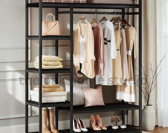 Freestanding Closet Organizer Heavy Duty Wardrobe Rack with Shelves Hanging Bar Storage System