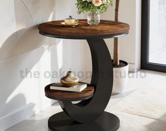 2 Tier Round End Table, Rustic Brown Sofa Side Table, Industrial Nightstand