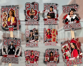 Red Graduation 2026 Fan Canva Editable Template, Graduation Paddle Fan Class of 2026 Designs, Graduate Senior Fan Photos, Canva Editable