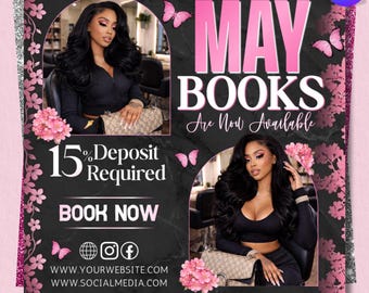 Volantino di prenotazione di maggio, modello promozionale modificabile per salone di bellezza, design per post di appuntamento dal parrucchiere, grafica di marketing floreale rosa, download immediato.