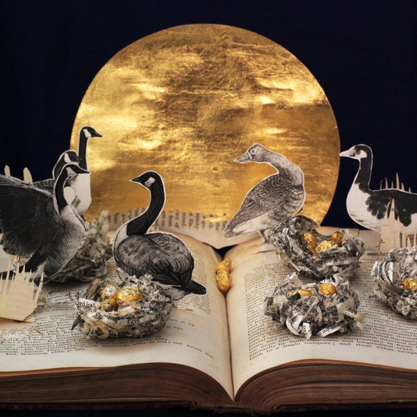 Six Geese a laying greeting card of an altered book sculpture 12 days of Christmas