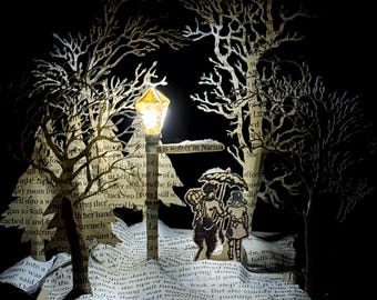 Mr Tumnus and Lucy at the Narnia lamp post Christmas Birthday card from a book sculpture
