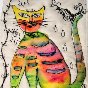 Cat Fabric arte, natura fibra arte trapunta, piccola trapunta, tono naturale fibra arte terra tono,
