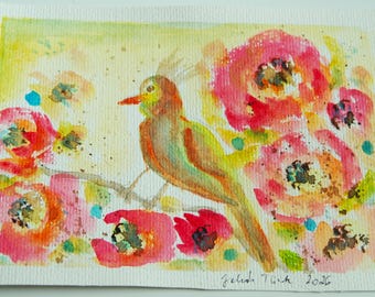 Bird with orange roses original affordable watercolour art