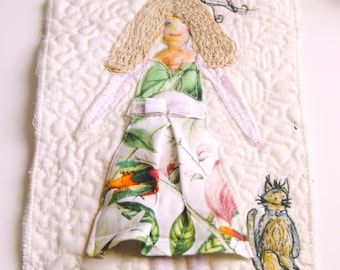 Blonde girl with cat original fabric art, mini art fiber wallhanging, animal lovers gift, original wall art