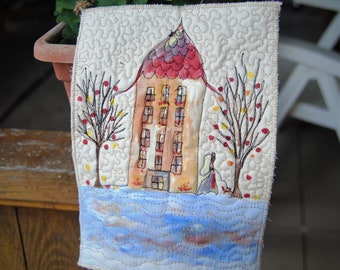 Houses by the sea- wall art quilt, small wall hanging, landscape fiber art,  nature art quilt, original art quilt