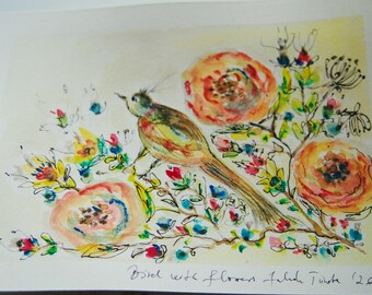 Bird with orange roses original affordable watercolour art