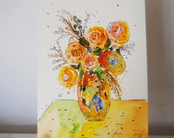 Flowers in a green jar original affordable watercolour art