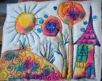 Houses by the sea- wall art quilt, small wall hanging, landscape fiber art,  nature art quilt, original art quilt