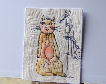 Cat  Fabric art, nature fiber  art quilt, small quilt, natural tone fiber art earth tone,