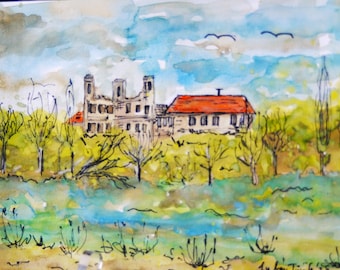 Castle art, Sárospatak castle, original affordable watercolour art
