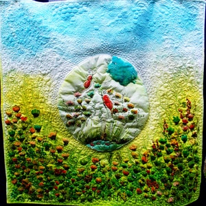 Globe Earth artSpring colorful meadow with Water and butterflies Landscape Fiber Art, Wildflowers wall art Art Quilt wallhanging