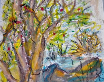 Original oil pastel art on paper, Autumn riverside with boat and birds  art, cheap art , autumn art