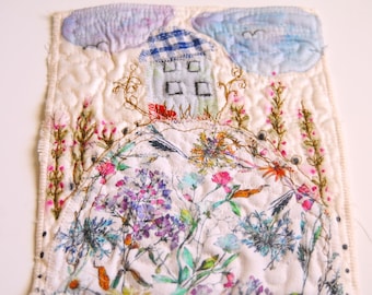 House on the top of the hill with wildflowers and clouds art quilt, small size fiber art wall art original art