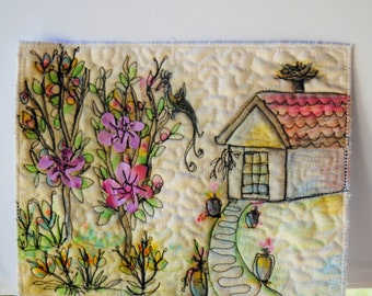 Flowery still life- wall art quilt, small wall hanging, landscape fiber art, floral wall art, nature art quilt, original art quilt