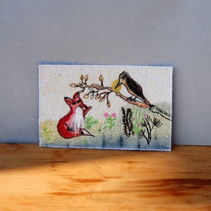 Fox fibre art collage de tissu, art textile de la nature, carte postale fibre, quilt art miniature, petit quilt, art textile de ton naturel aux tons de terre,
