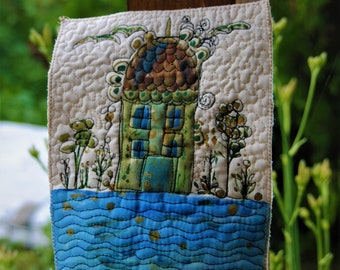 Houses by the sea- wall art quilt, small wall hanging, landscape fiber art,  nature art quilt, original art quilt