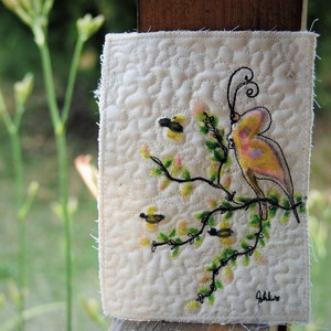 Honeybush flowers with bee- wall art quilt small wall hanging landscape fiber art  bird wall art nature art quilt, original art quilt
