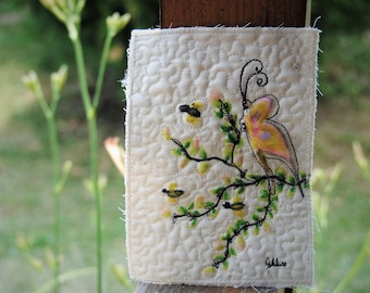 Honeybush flowers with bee- wall art quilt small wall hanging landscape fiber art  bird wall art nature art quilt, original art quilt