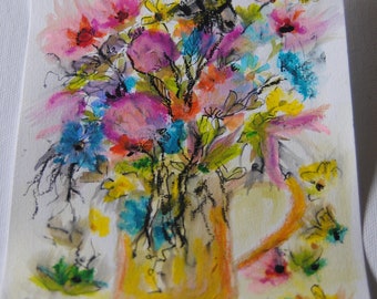 Original oil pastel painting, pastel colour flowers still life, affordable  art, housewarming gift