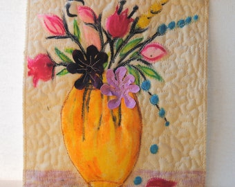 Flowery still life- wall art quilt, small wall hanging, landscape fiber art, floral wall art, nature art quilt, original art quilt