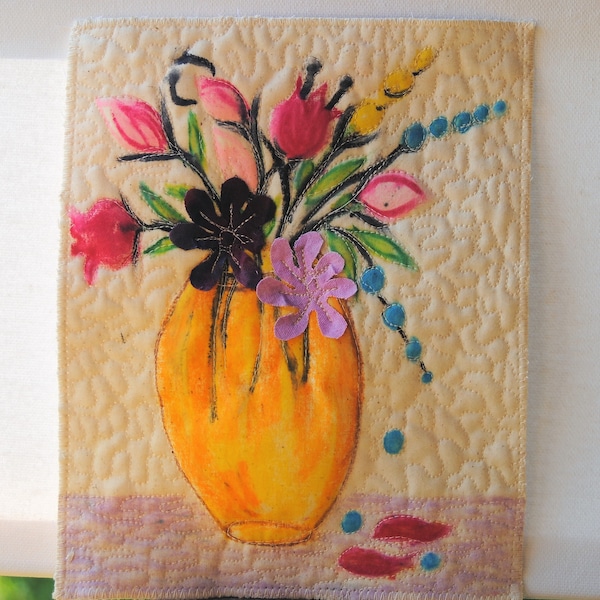 Flowery still life- wall art quilt, small wall hanging, landscape fiber art, floral wall art, nature art quilt, original art quilt