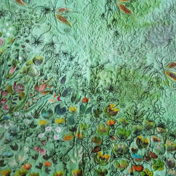 Landscape Fiber Art, wall art Art Quilt wallhanging, multicolour hand dyed with flowery motiffs,