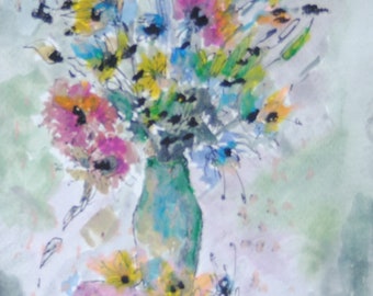 Flowers in a green jar original affordable watercolour art