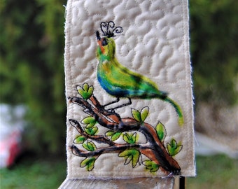 Little bird with branches flowers- wall art quilt small wall hanging landscape fiber art  bird wall art nature art quilt, original art quilt