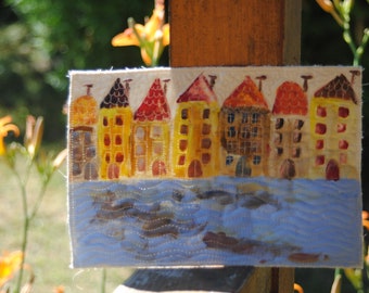 Houses by the sea- wall art quilt, small wall hanging, landscape fiber art,  nature art quilt, original art quilt