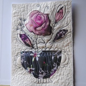 Flowery still life- wall art quilt, small wall hanging, landscape fiber art, floral wall art, nature art quilt, original art quilt