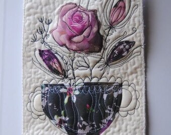 Flowery still life- wall art quilt, small wall hanging, landscape fiber art, floral wall art, nature art quilt, original art quilt
