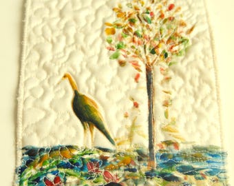 Bird at the pond- wall art quilt small wall hanging landscape fiber art  bird wall art nature art quilt, original art quilt