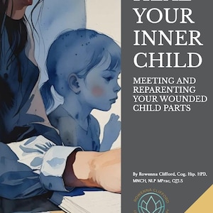 May include: A book cover illustration with the title "HEAL YOUR INNER CHILD". The image shows a child and an adult in a watercolor style, with text about reparenting. A pen and a marker are on the open book, with the author's name.