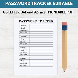 Könnte beinhalten: Ein druckbarer Passwort-Tracker mit Feldern für Website, E-Mail, Benutzername und Passwort. Das Dokument trägt die Bezeichnung "PASSWORD TRACKER" und ist in den Größen US Letter, A4 und A5 erhältlich. Rechts befindet sich ein Bleistift mit rosa Radiergummi und blauem Band.