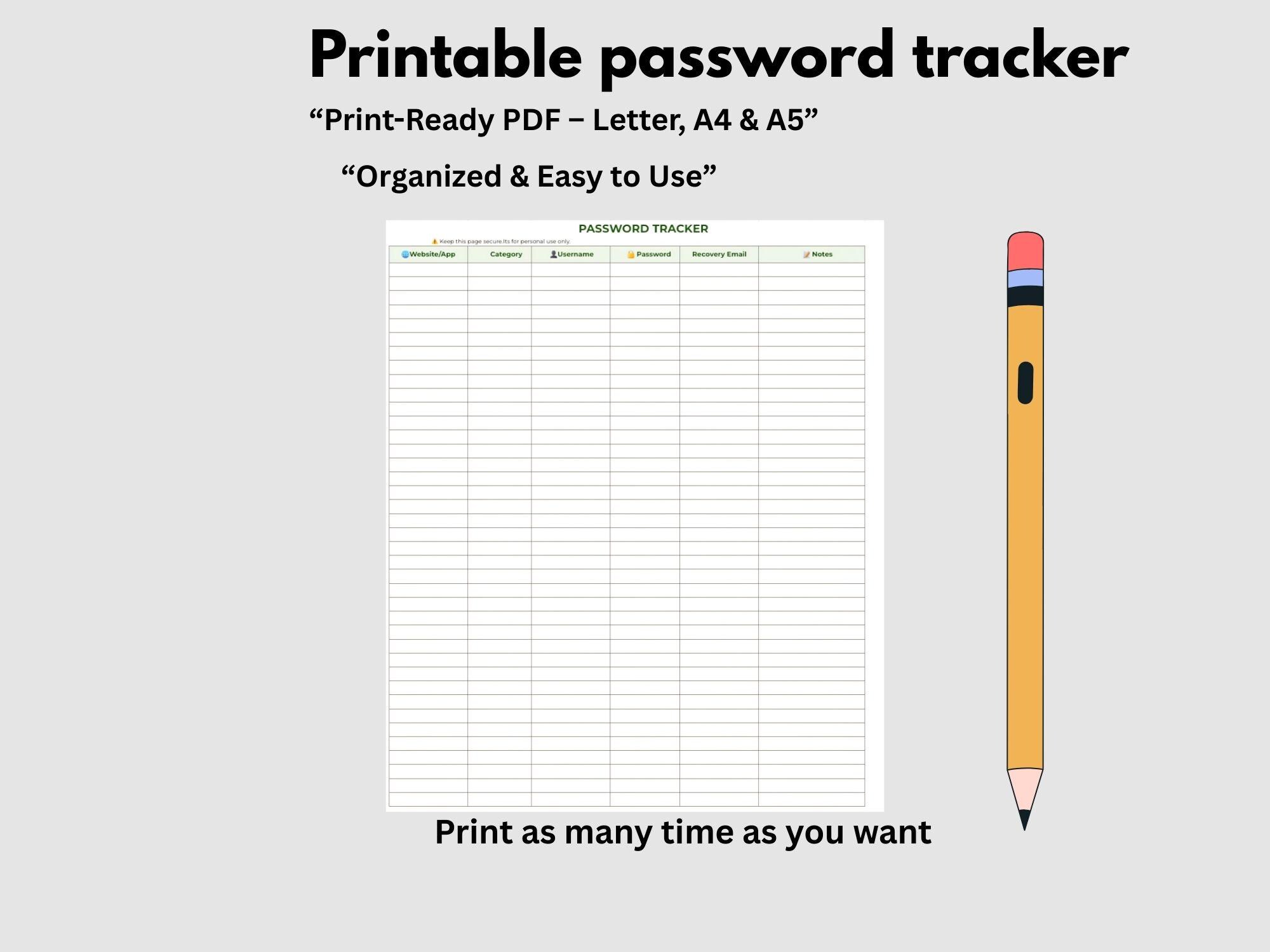 Printable Password Tracker | Google Sheets Login Organizer (A4 A5 ...