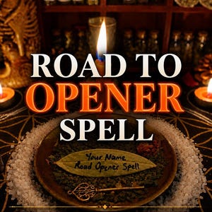 May include: A ritual setup featuring a central plate with green herbs, a small gold-colored key, and a bay leaf inscribed with 'Your Name Road Opener Spell'. The text 'ROAD TO OPENER SPELL' and 'BLOCK REMOVAL' appears over a circle of salt and candles.