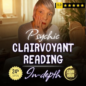 Puede incluir: Imagen de una mujer con pelo corto gris y labios rojos, con expresión pensativa. El texto superpuesto dice "Psychic Clairvoyant Reading" con "In-depth", "24h Open" y "Same Hour". Se muestra una calificación de 5.0.